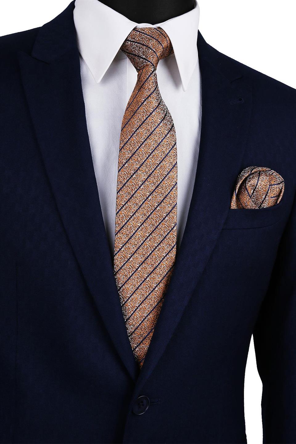 Sarı Çizgi Desen Mendilli Klasik Kravat KK9820