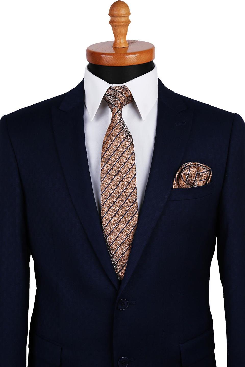 Sarı Çizgi Desen Mendilli Klasik Kravat KK9820