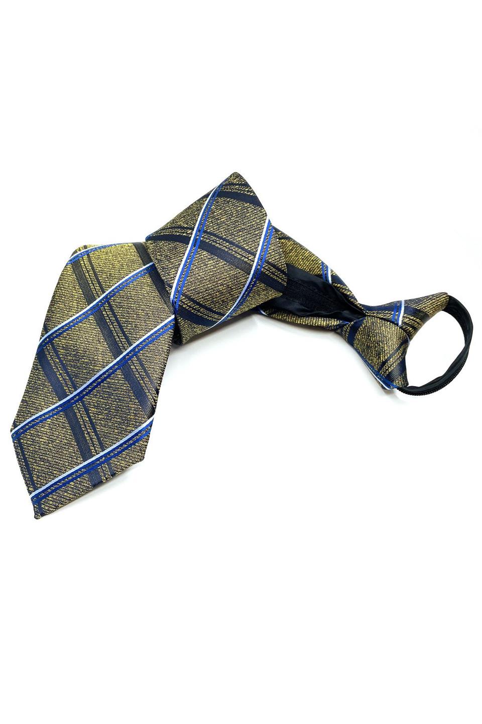 Sarı Ekose Desen Mendilli Fermuarlı Kravat FRMR56