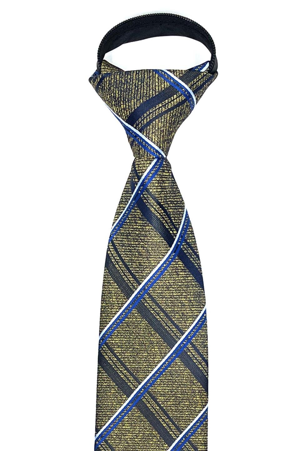 Sarı Ekose Desen Mendilli Fermuarlı Kravat FRMR56