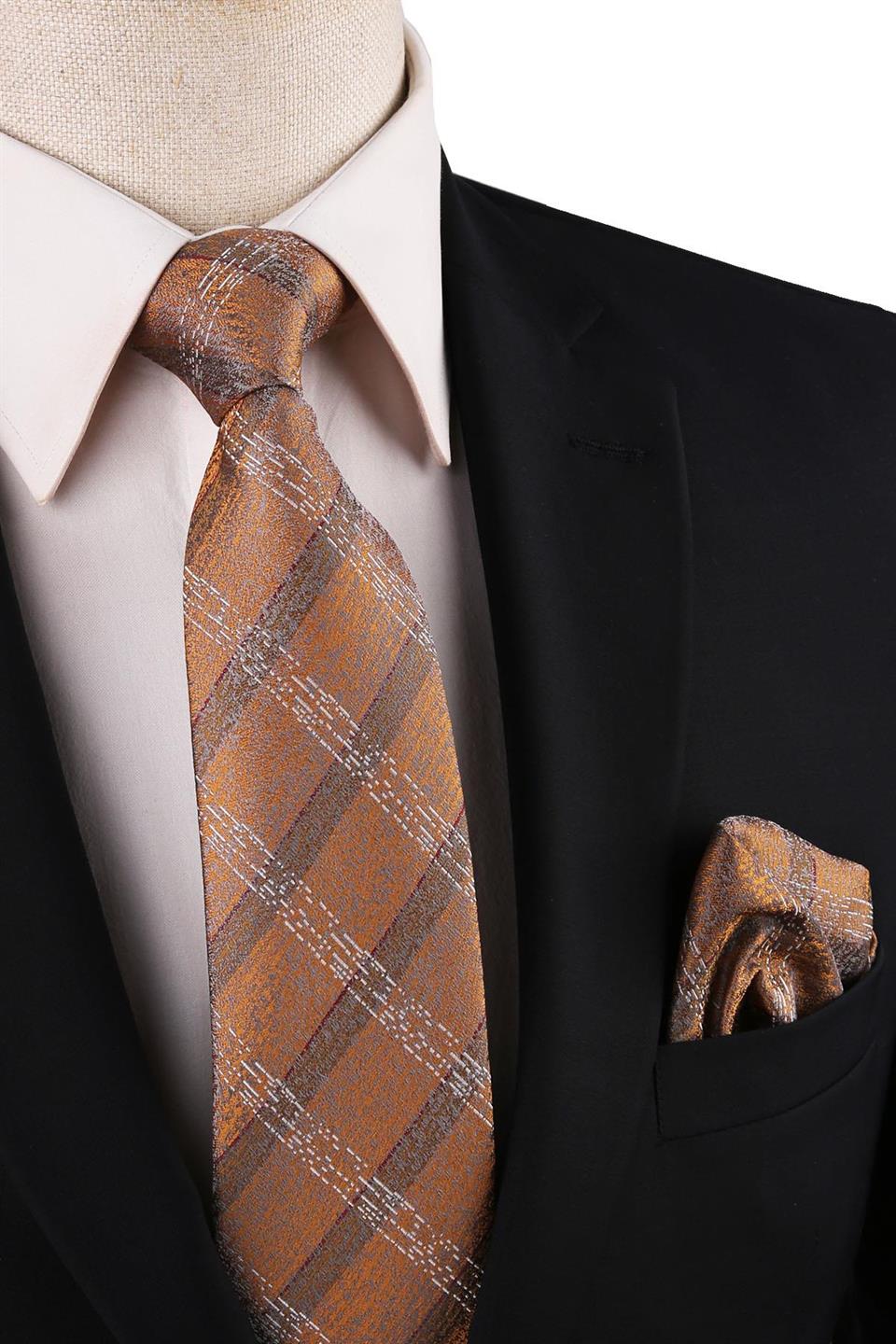 Sarı Ekose Desen Mendilli Klasik Kravat KK10755