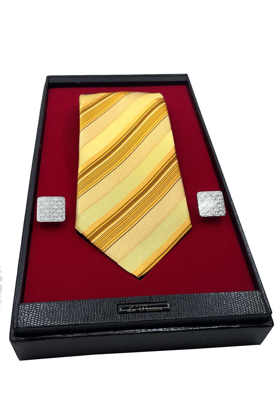 Sarı İtalyan İpek Kravat Çelik Kol Düğmesi Erkek Hediye Seti SKS44