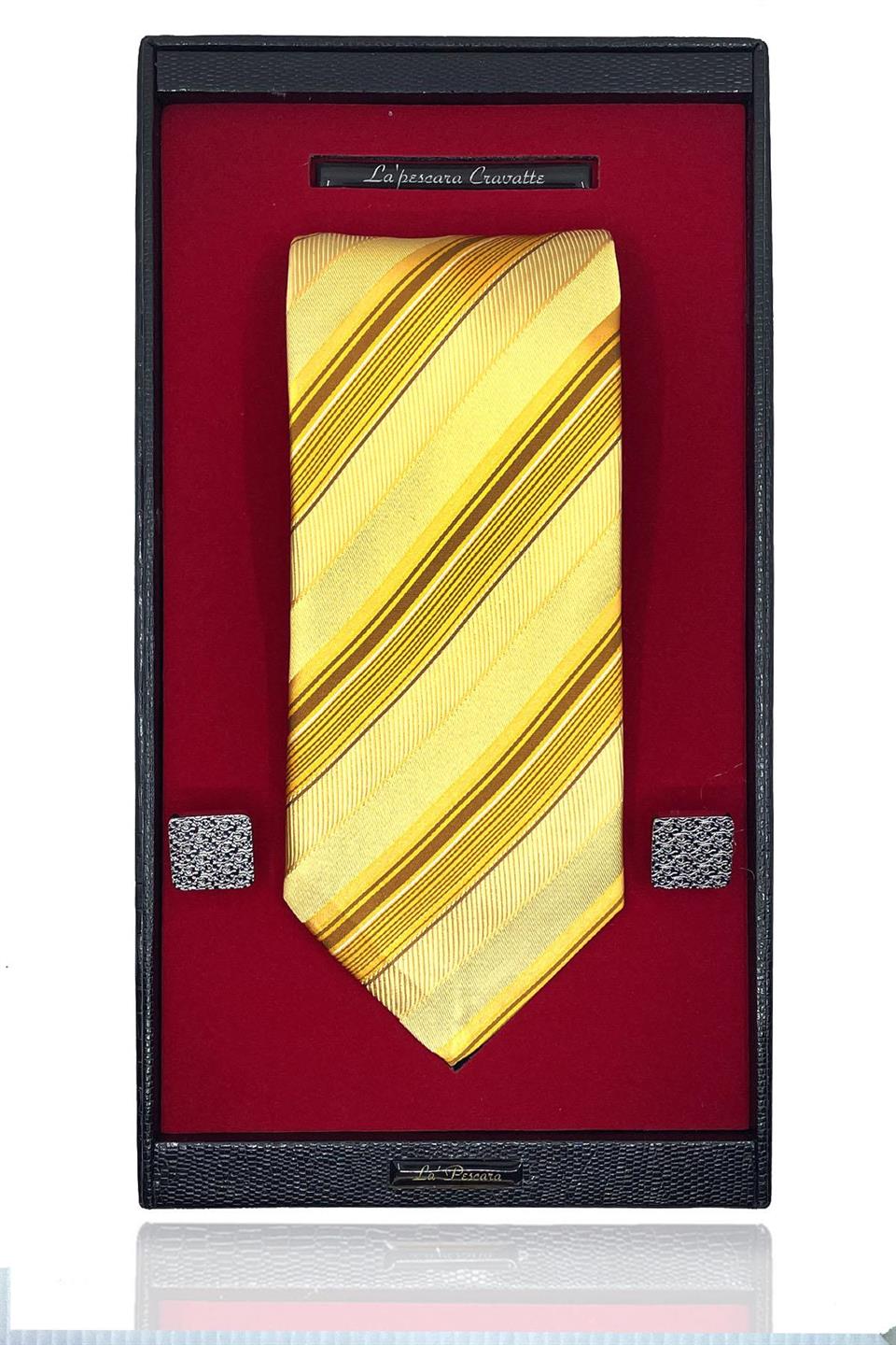 Sarı İtalyan İpek Kravat Çelik Kol Düğmesi Erkek Hediye Seti SKS44