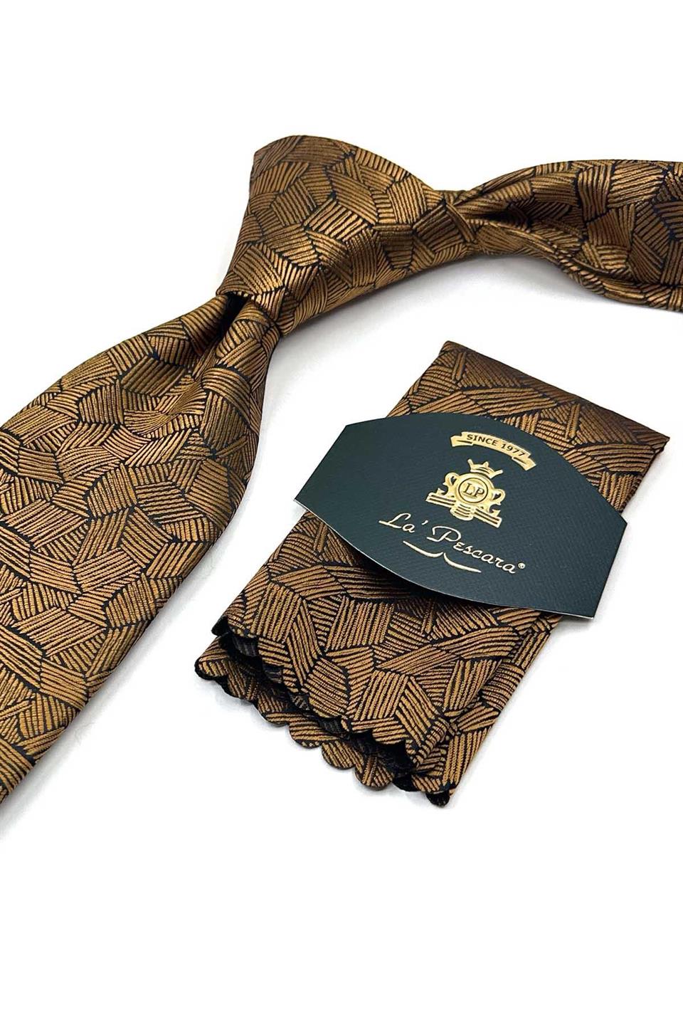 Sarı Kendinden Desen Mendilli Klasik Kravat KK13551