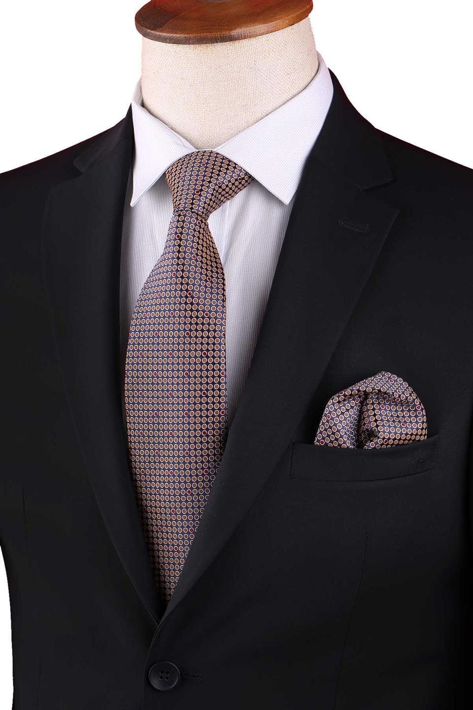 Sarı Küçük Desen Mendilli Klasik Kravat KK13140