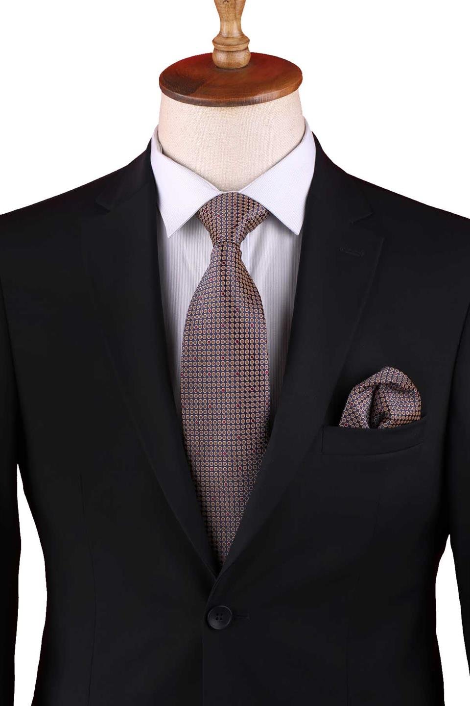 Sarı Küçük Desen Mendilli Klasik Kravat KK13140