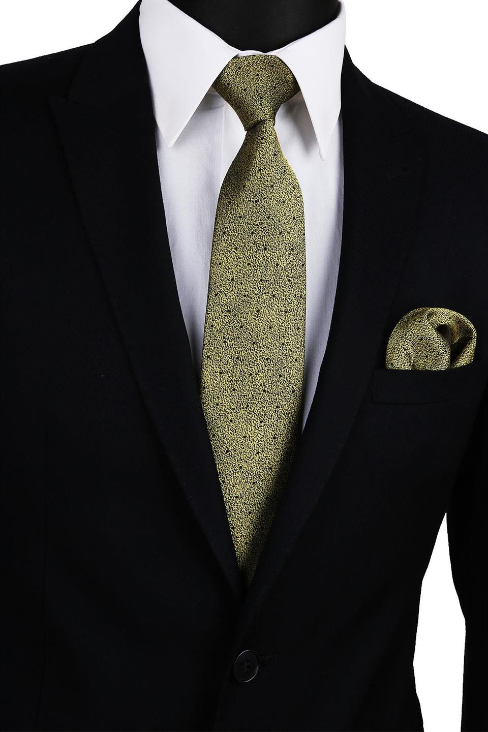 Sarı Kum Desen Mendilli Klasik Kravat KK9810