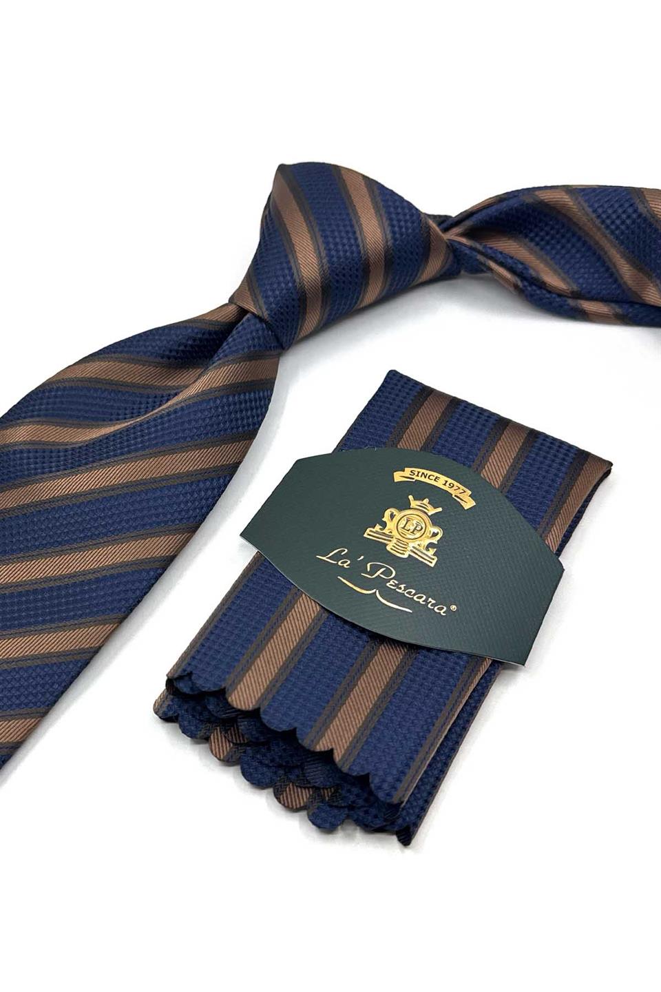 Sarı - Lacivert Çizgi Desen Mendilli Klasik Kravat KK13103