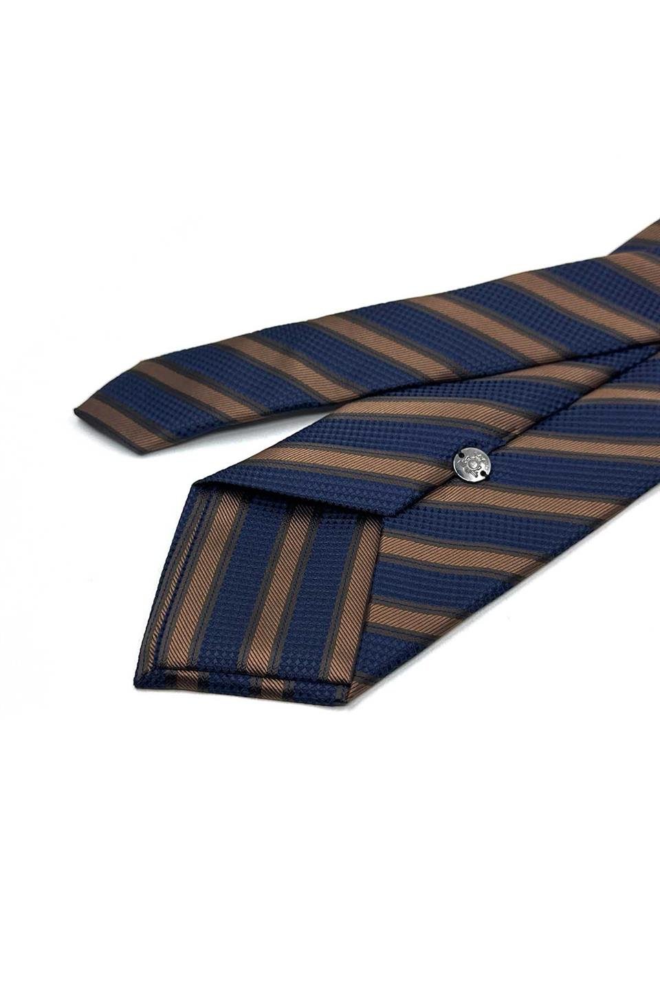 Sarı - Lacivert Çizgi Desen Mendilli Klasik Kravat KK13103
