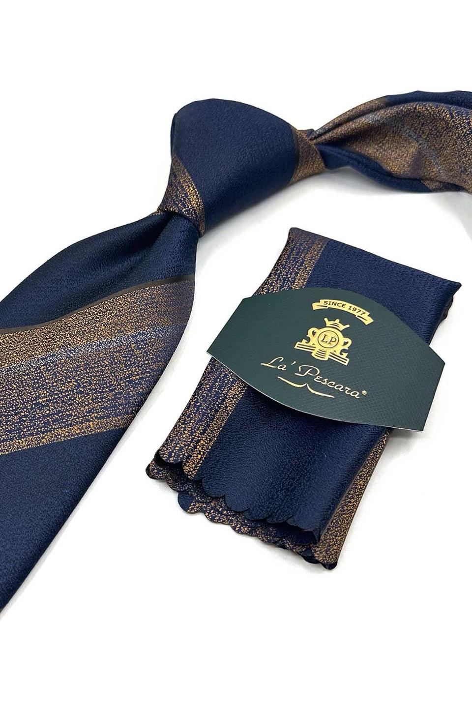 Sarı - Lacivert Çizgi Desen Mendilli Klasik Kravat KK13672