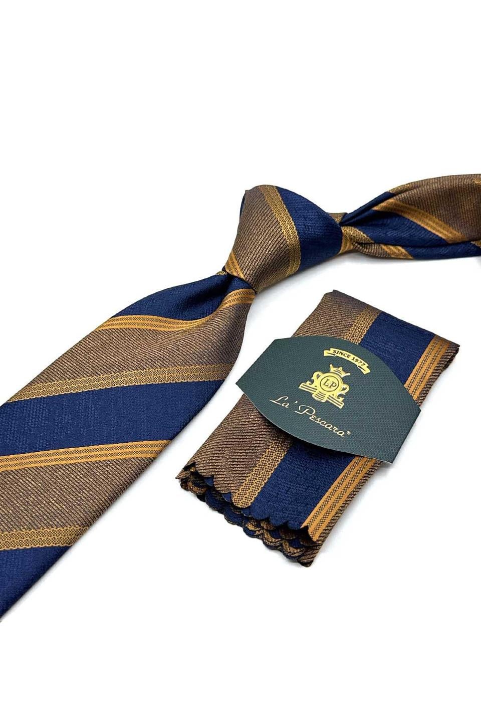 Sarı - Lacivert Çizgi Desen Mendilli Klasik Kravat KK13145