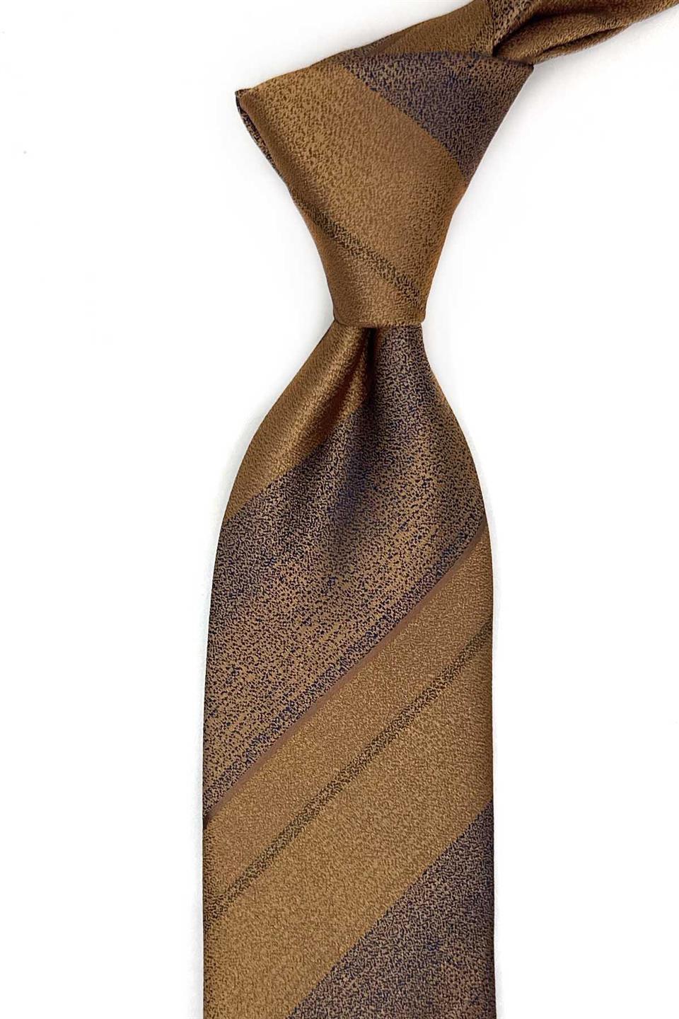 Sarı - Lacivert Çizgi Desen Mendilli Klasik Kravat KK13670