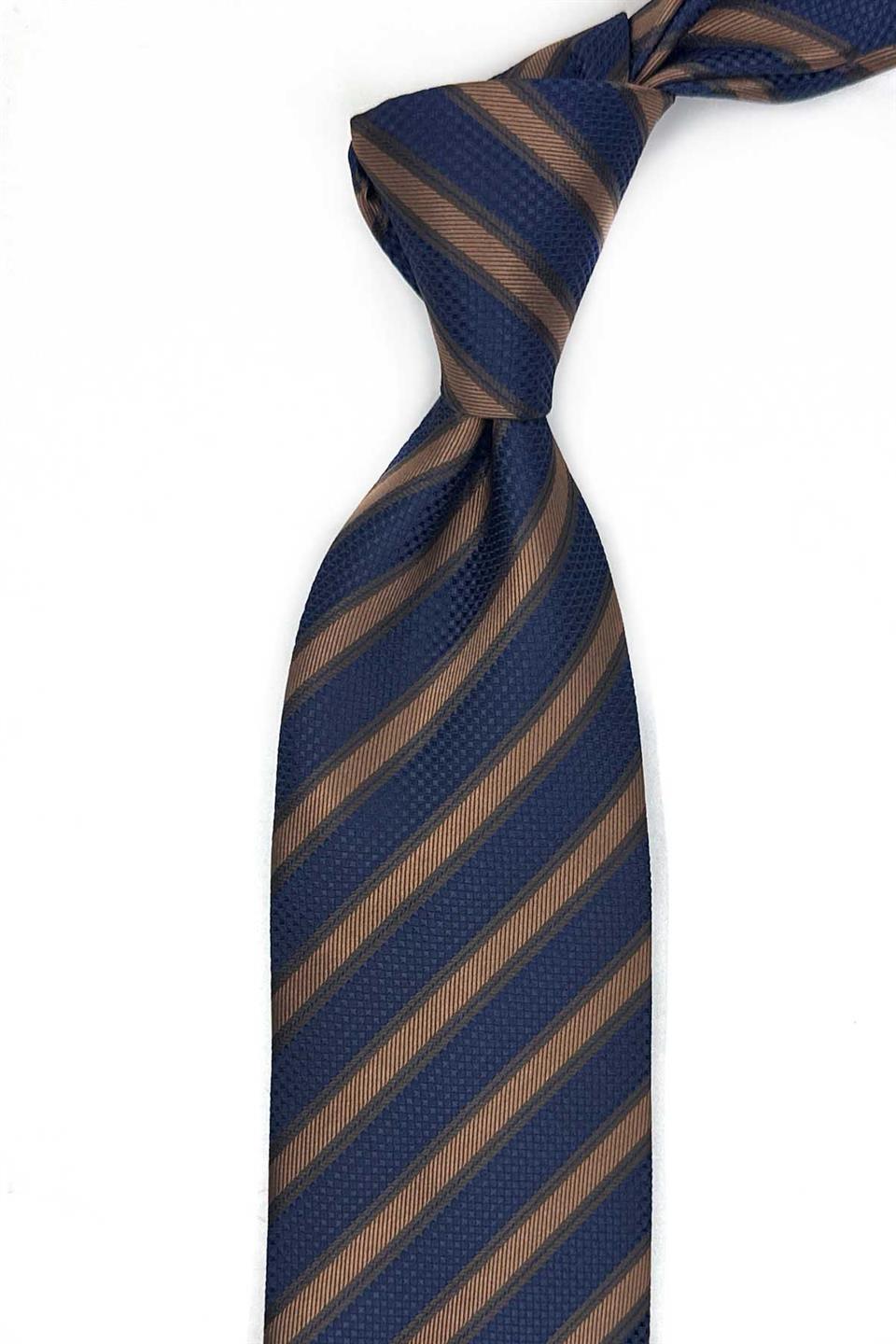 Sarı - Lacivert Çizgi Desen Mendilli Klasik Kravat KK13103