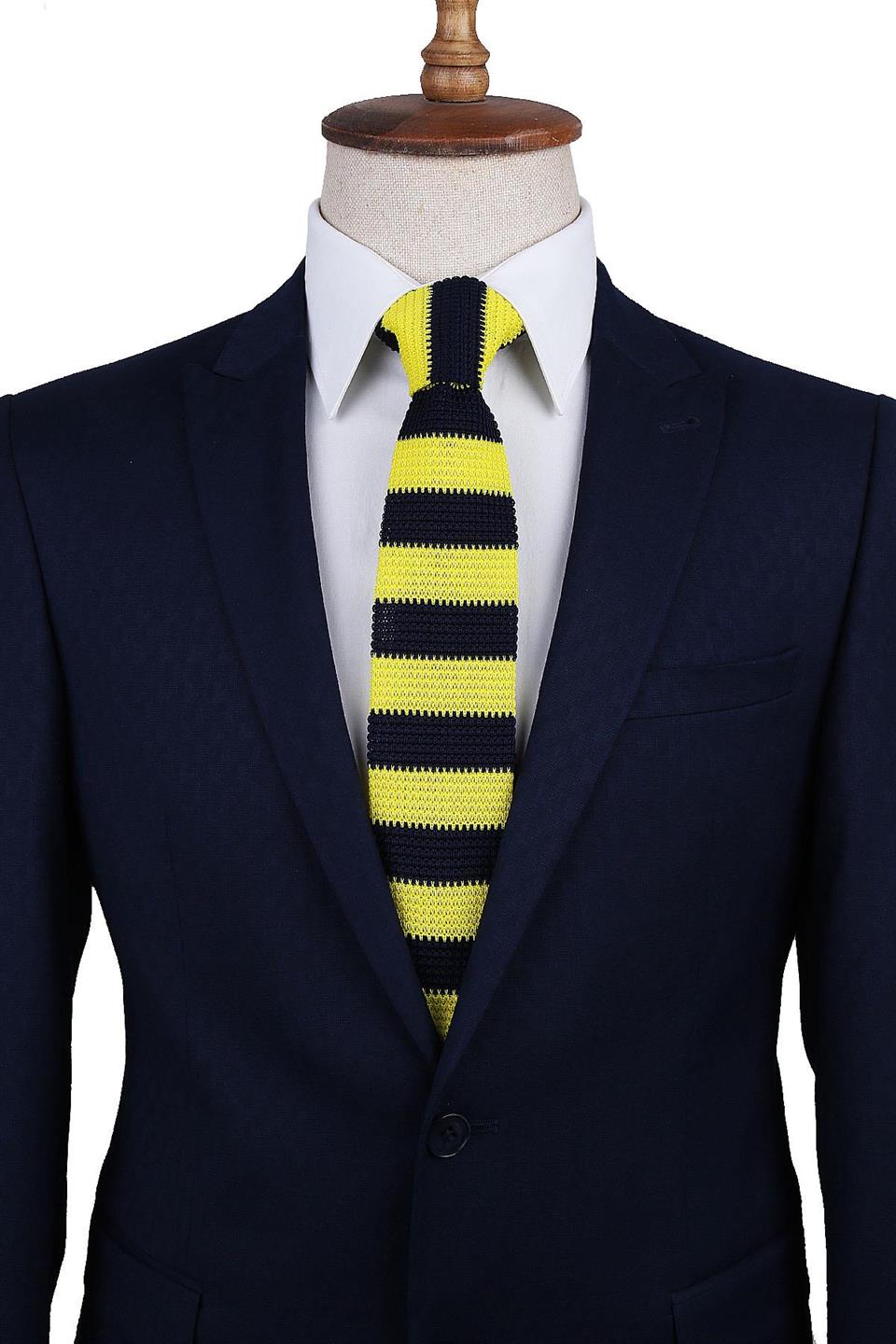 Sarı - Lacivert Çizgili Örgü Kravat ÖR8297