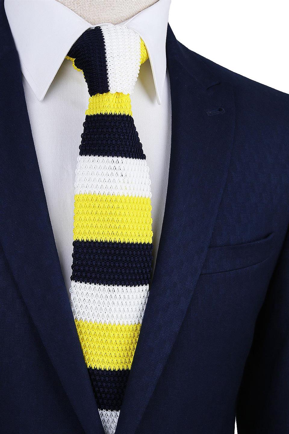 Sarı - Lacivert Çizgili Örgü Kravat ÖR8283