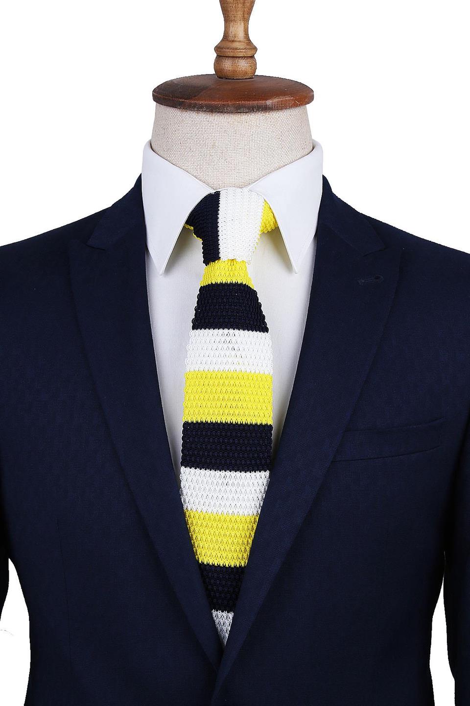 Sarı - Lacivert Çizgili Örgü Kravat ÖR8283