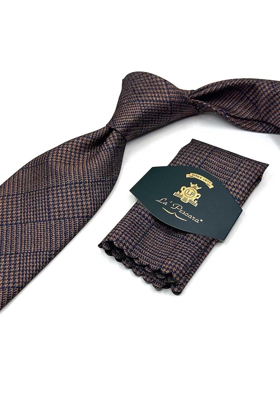 Sarı - Lacivert Kare Desen Mendilli Klasik Kravat KK13586