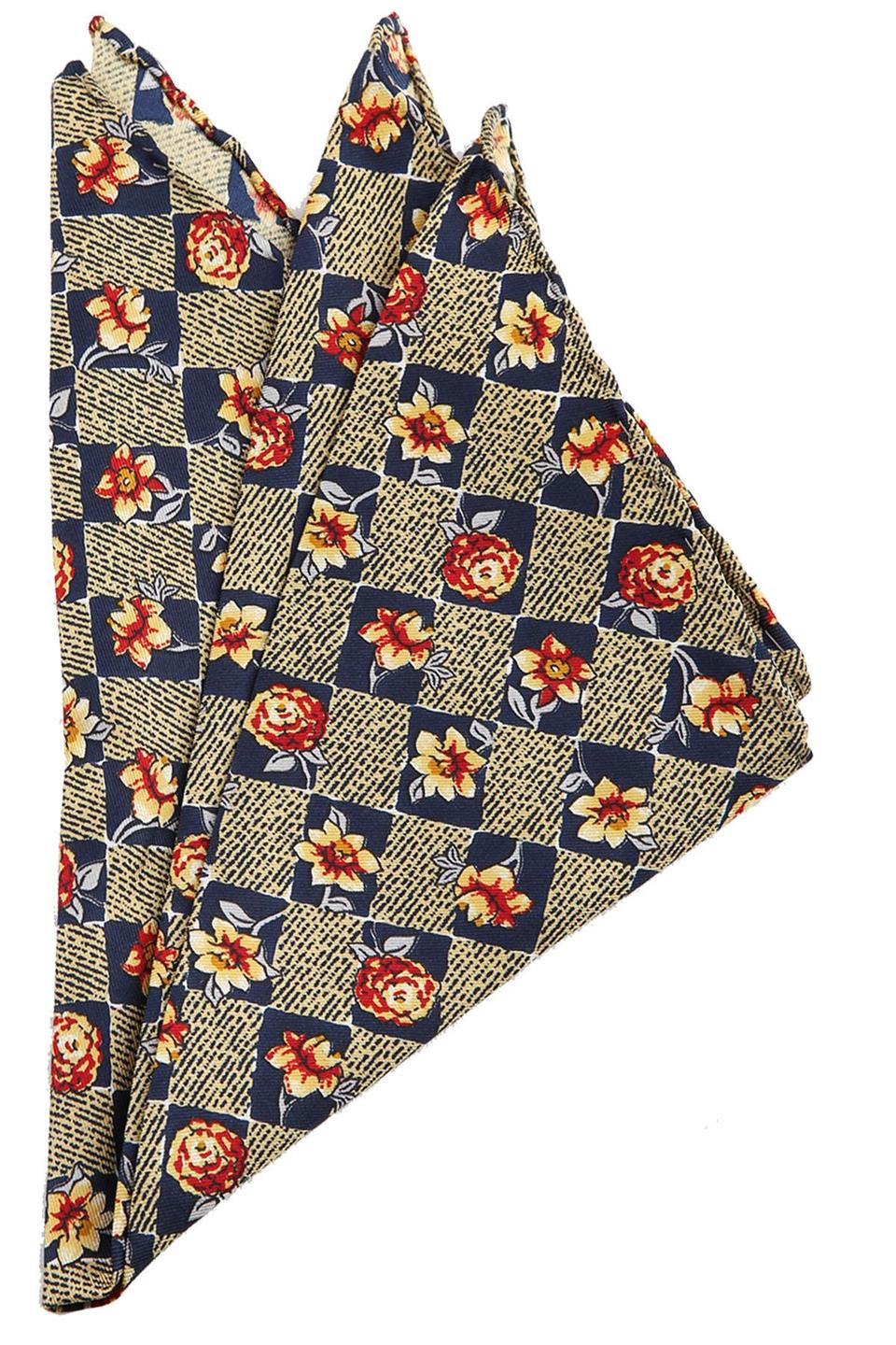 Sarı - Lacivert Motif Baskılı İpek Mendil SPS187