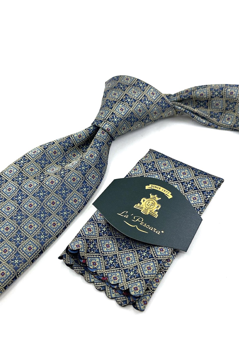 Sarı Lacivert Motif Desen Mendilli Klasik Kravat KK13896