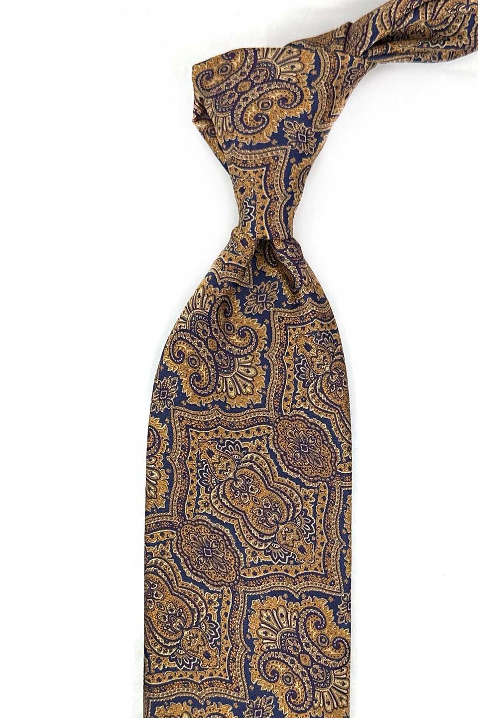 Sarı - Lacivert Motif Desen Mendilli Klasik Kravat KK13323