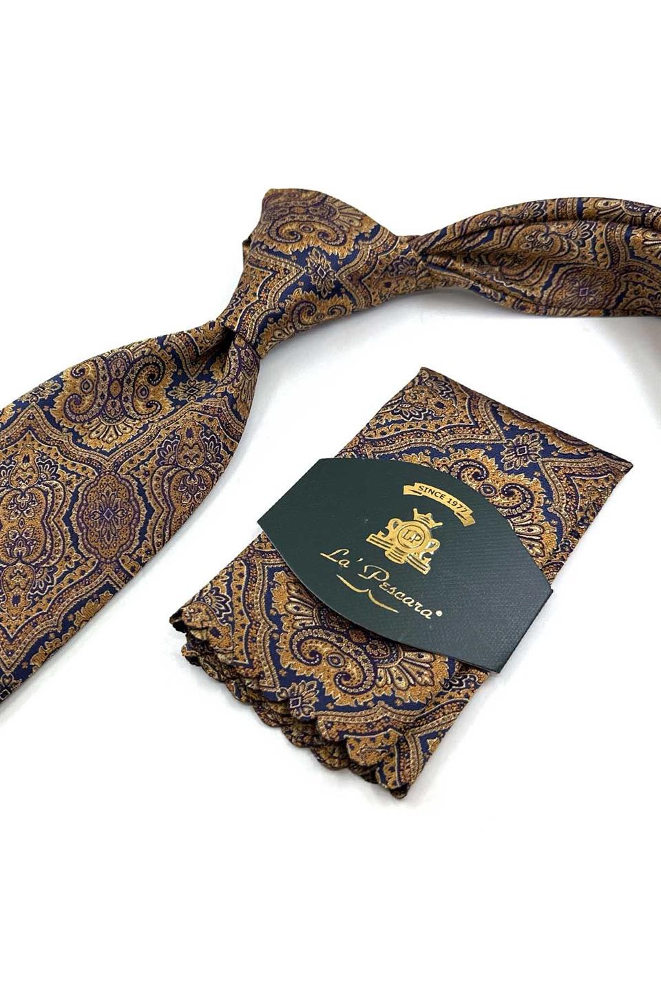 Sarı - Lacivert Motif Desen Mendilli Klasik Kravat KK13323