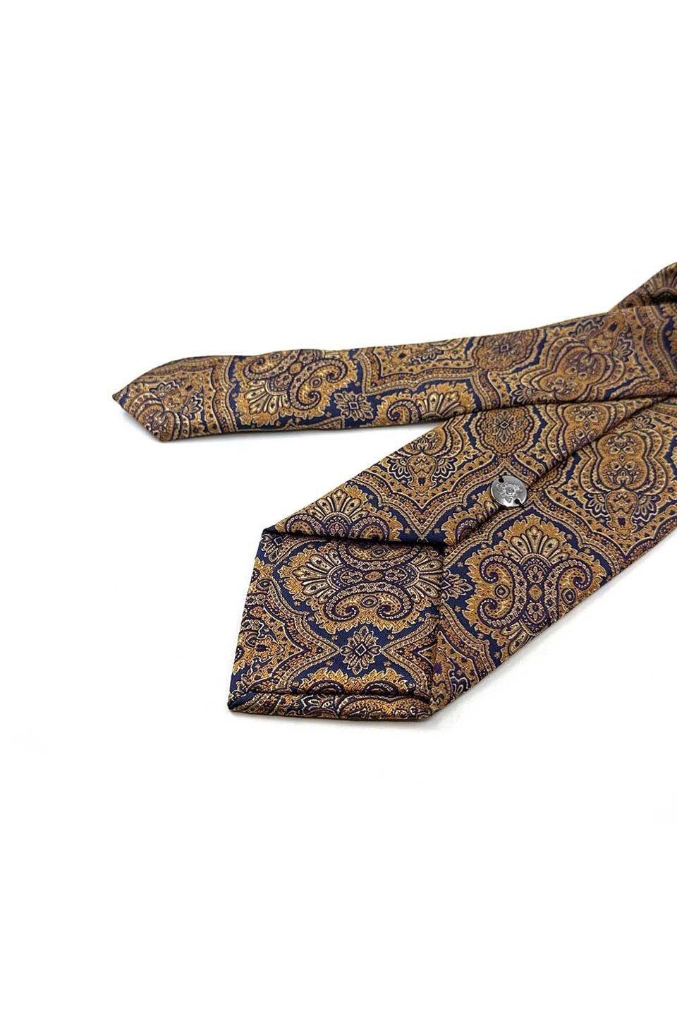 Sarı - Lacivert Motif Desen Mendilli Klasik Kravat KK13323