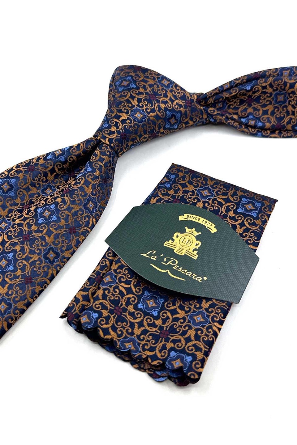 Sarı Lacivert Motif Desen Mendilli Klasik Kravat KK13920