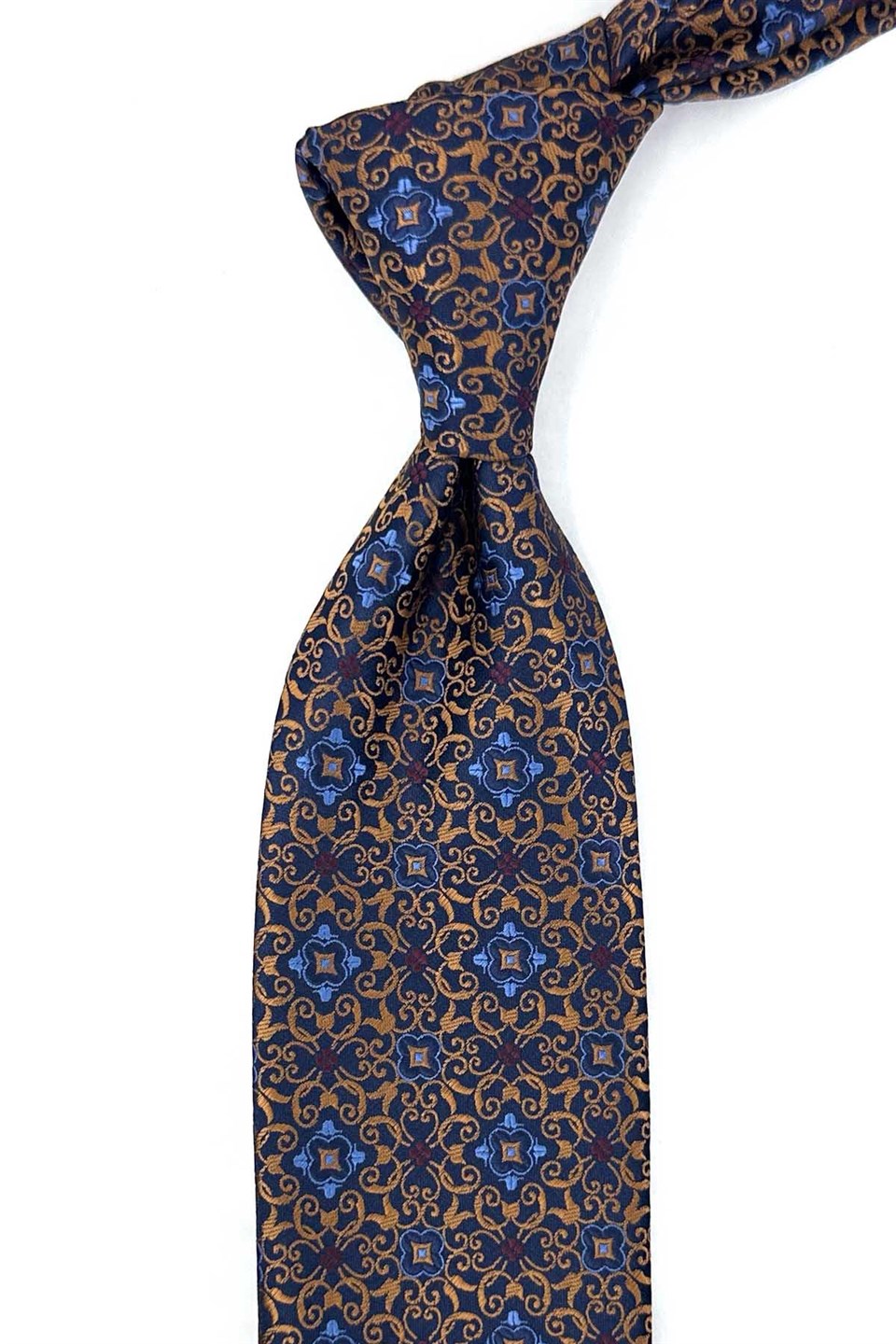 Sarı Lacivert Motif Desen Mendilli Klasik Kravat KK13920