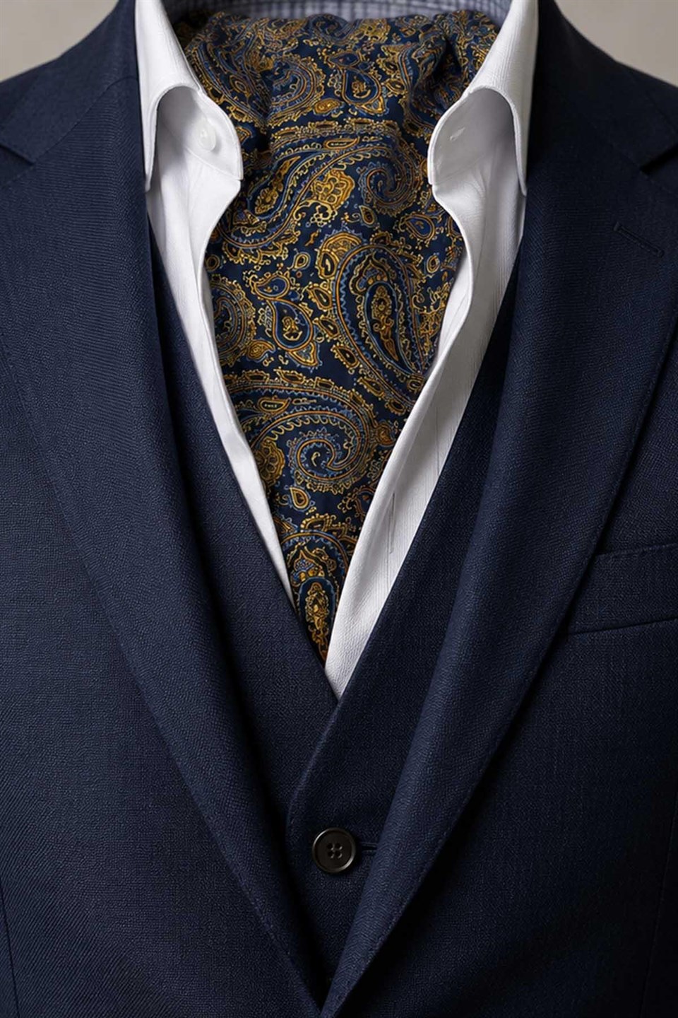 Sarı Lacivert Şal Desen İtalyan İpek Ascot Kravat SAC93