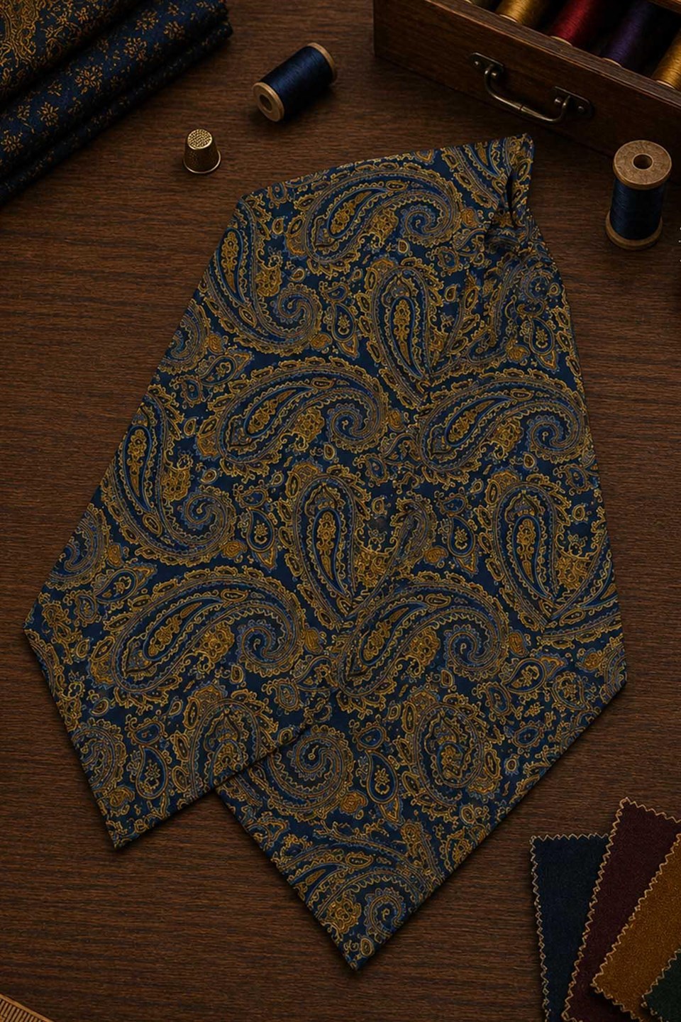 Sarı Lacivert Şal Desen İtalyan İpek Ascot Kravat SAC93