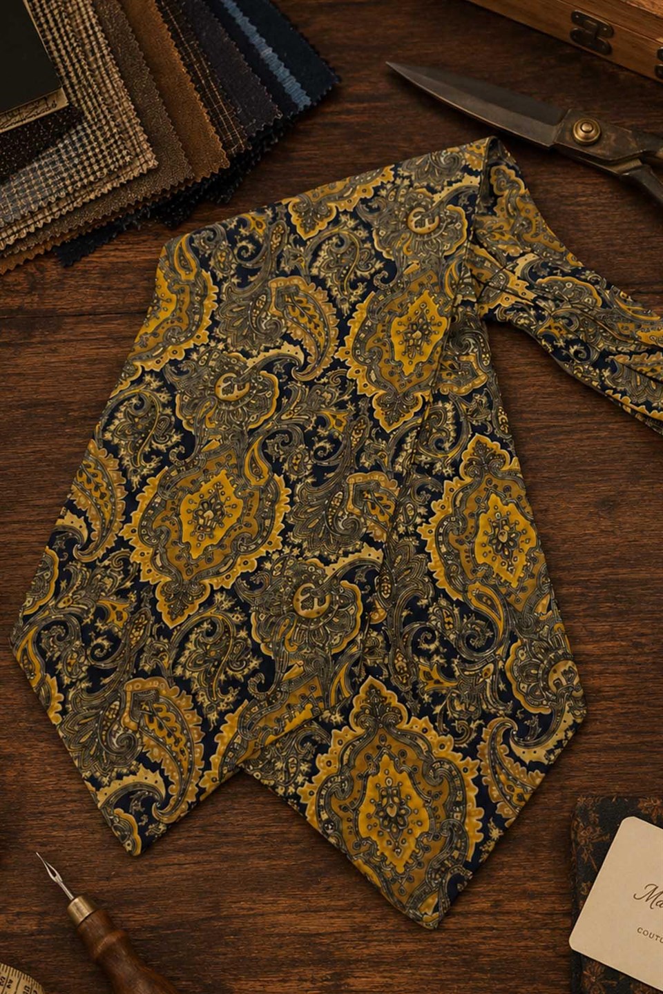 Sarı Lacivert Şal Desen İtalyan İpek Ascot Kravat SAC87
