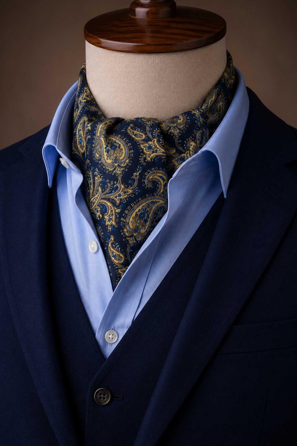 Sarı Lacivert Şal Desen İtalyan İpek Ascot Kravat SAC74