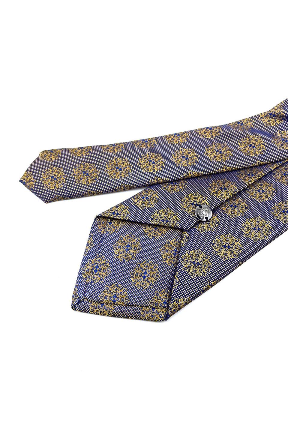 Sarı - Mavi Motif Desen Mendilli Klasik Kravat KK10974