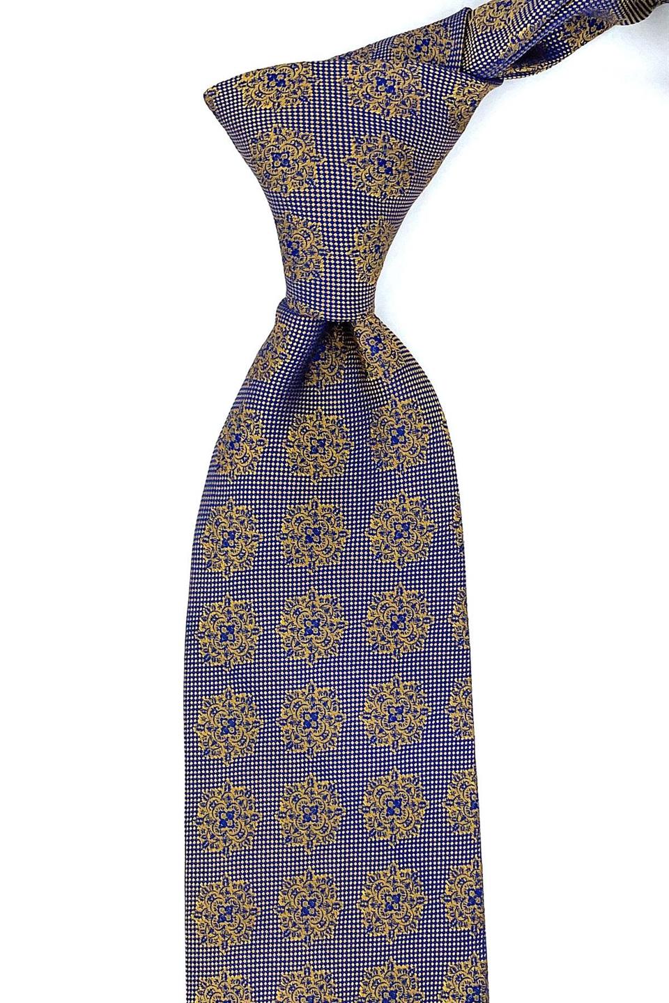 Sarı - Mavi Motif Desen Mendilli Klasik Kravat KK10974