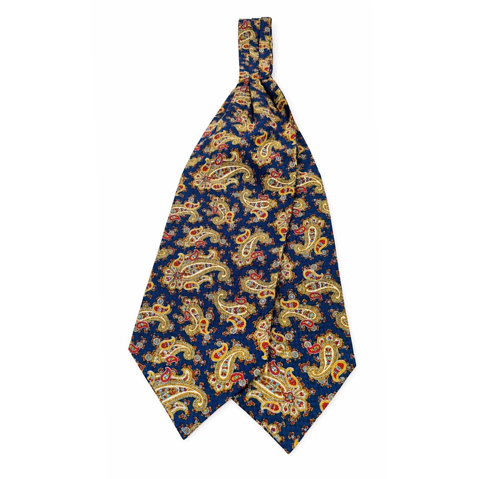 Sarı Mavi Şal Desen İtalyan İpek Ascot Kravat SAC99