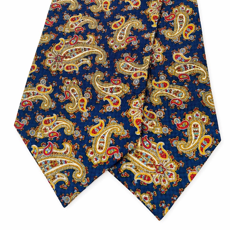 Sarı Mavi Şal Desen İtalyan İpek Ascot Kravat SAC99