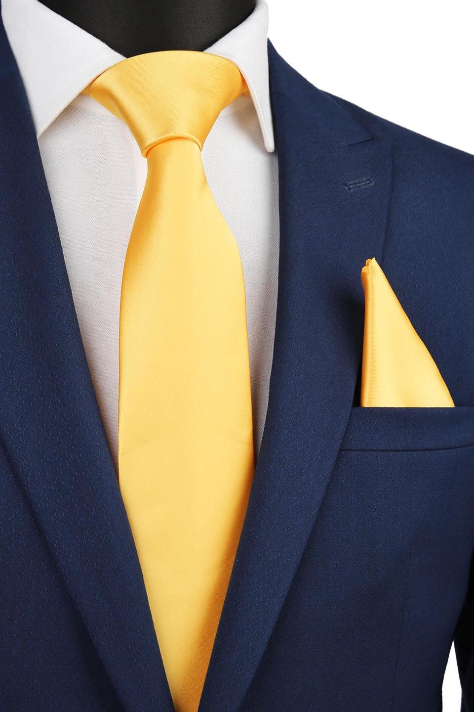 Sarı Mendilli Düz Saten Kravat 1604