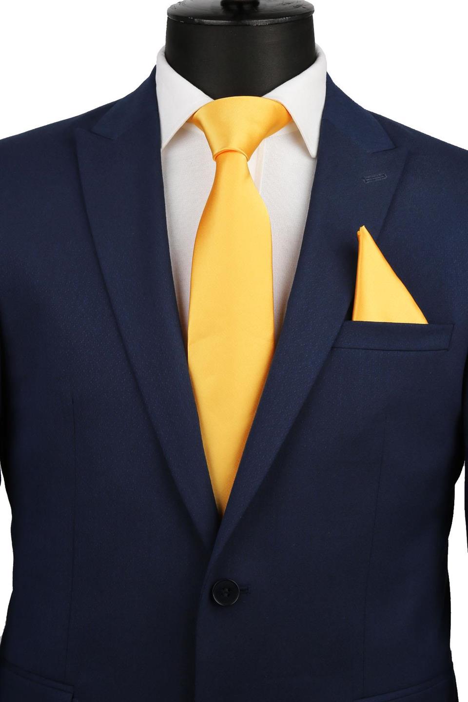 Sarı Mendilli Düz Saten Kravat 1604