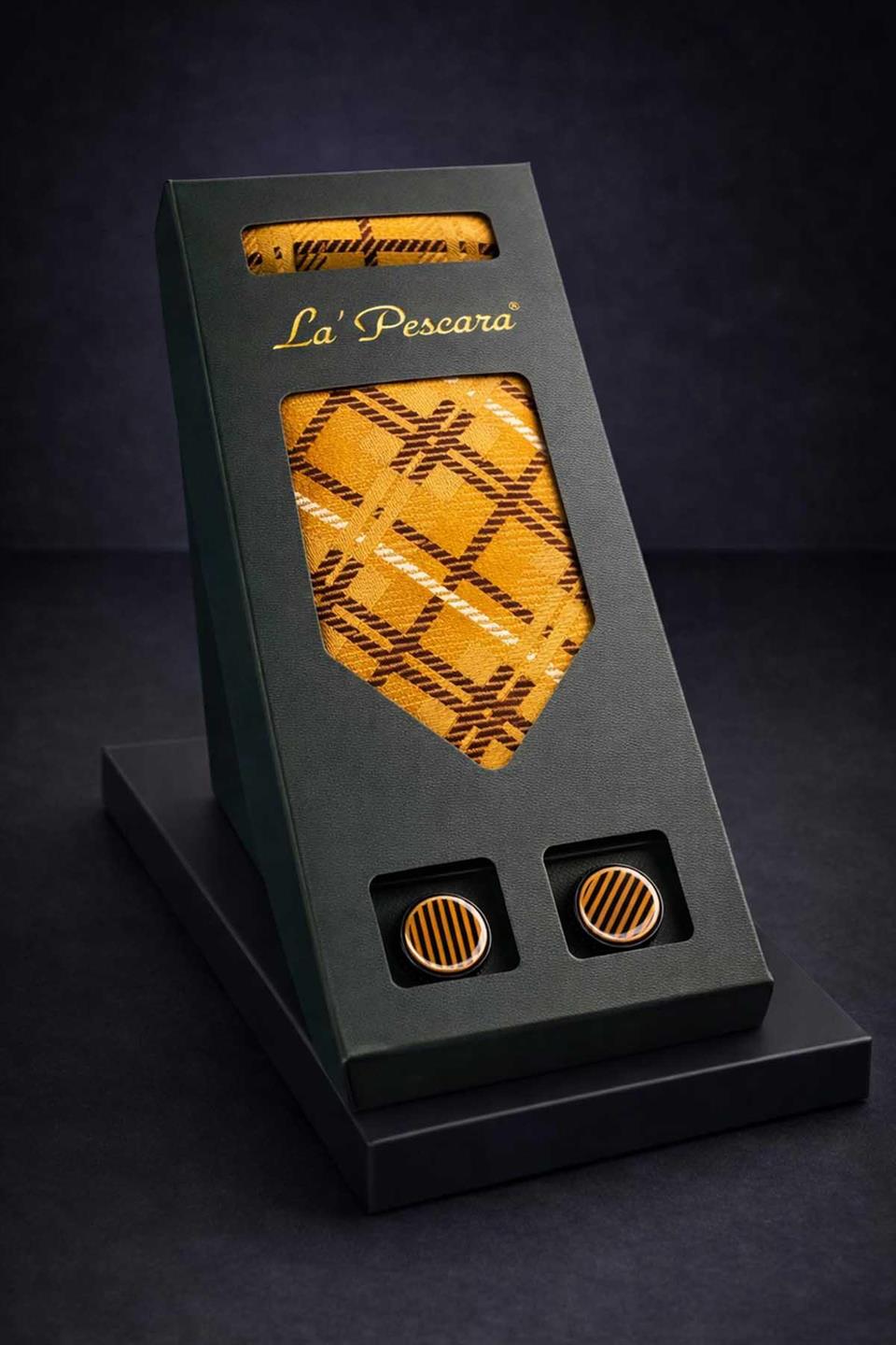 Sarı Mendilli Klasik Kravat Kol Düğmesi Erkek Hediye Seti OS624