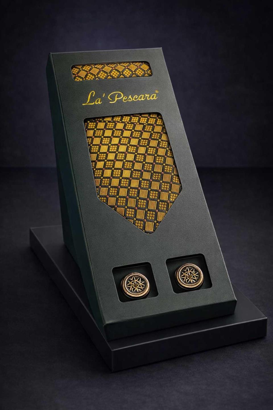 Sarı Mendilli Klasik Kravat Kol Düğmesi Erkek Hediye Seti OS632