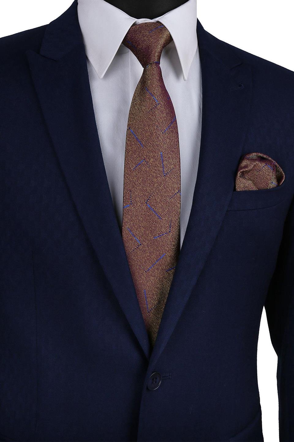 Sarı - Mürdüm Motif Desen Mendilli Klasik Kravat KK9593