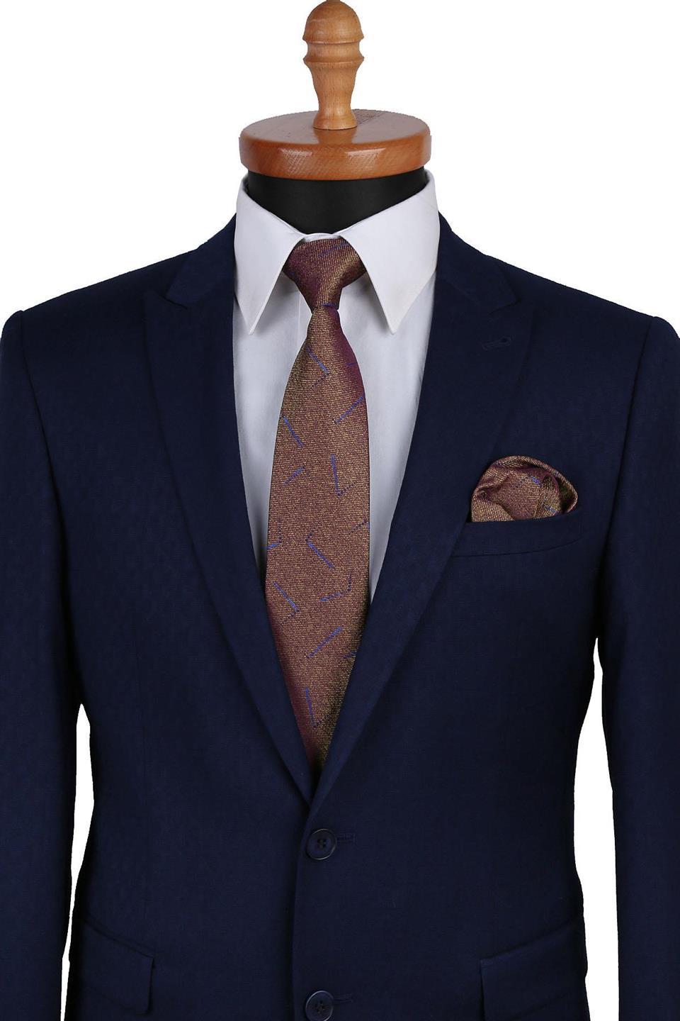 Sarı - Mürdüm Motif Desen Mendilli Klasik Kravat KK9593