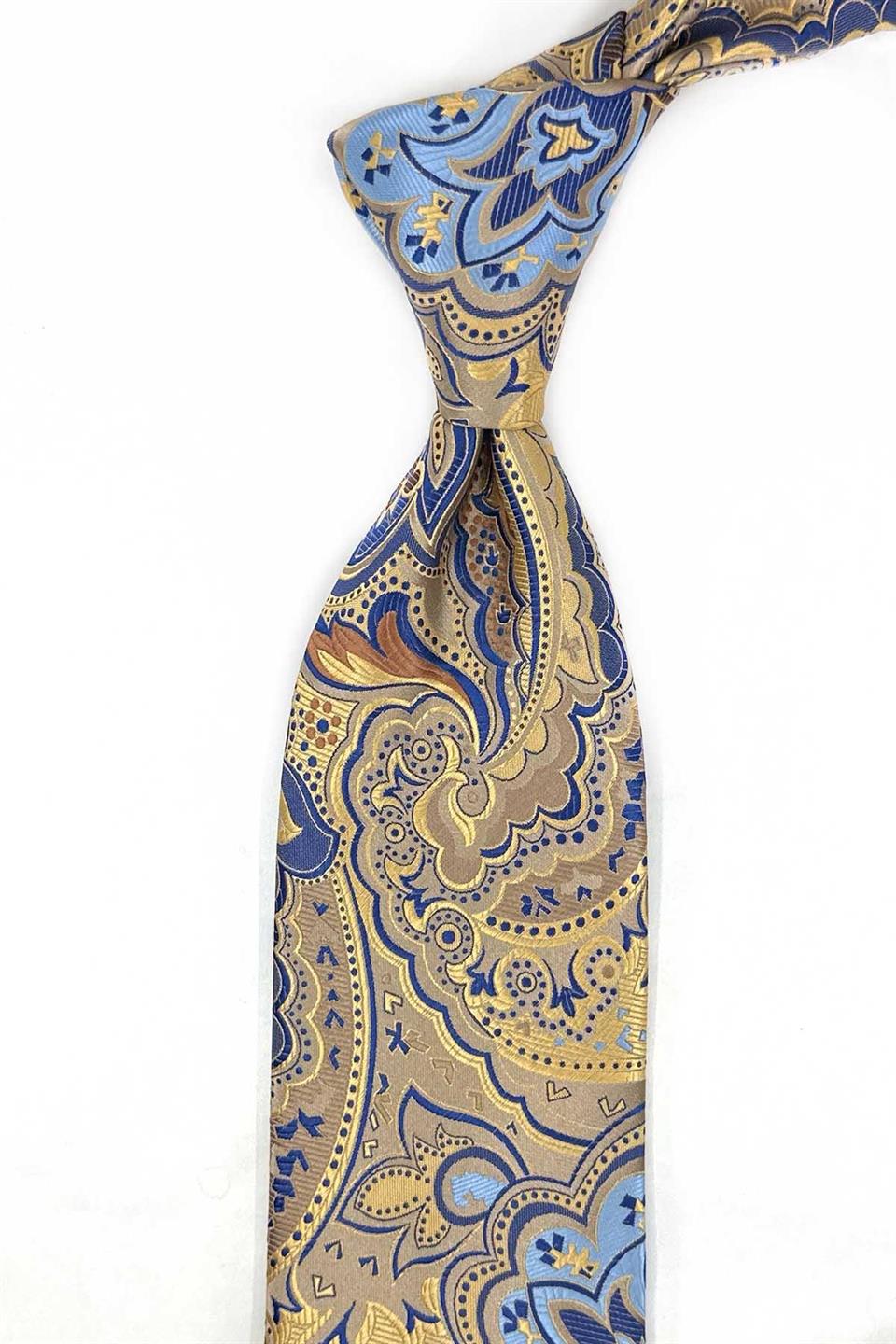 Sarı Şal Desen Mendilli Klasik Kravat KK13316