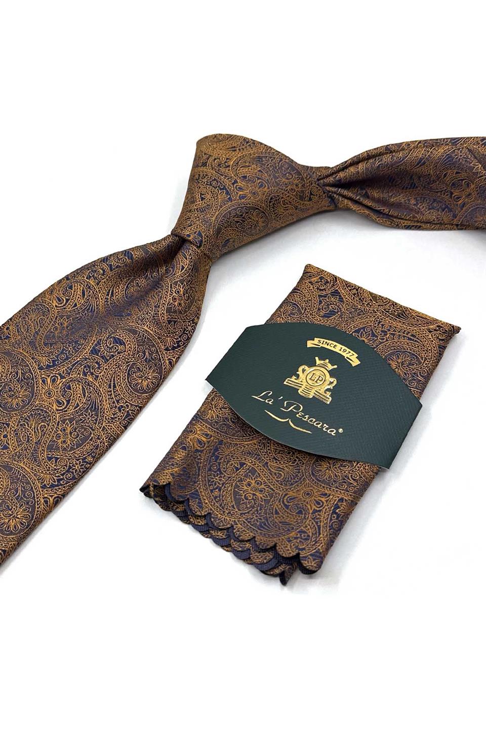 Sarı Şal Desen Mendilli Klasik Kravat KK13211