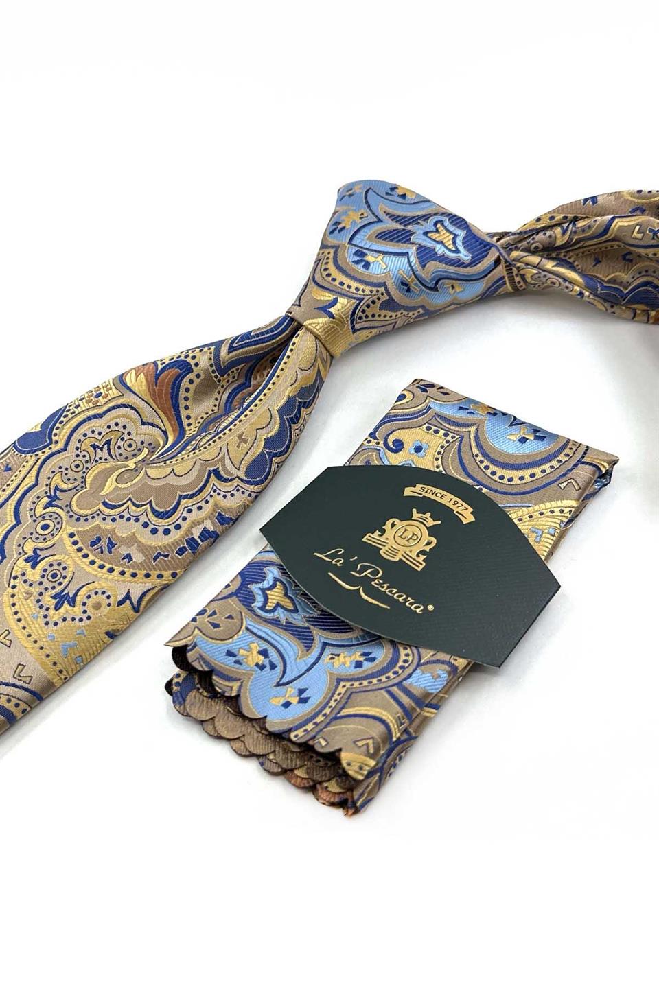 Sarı Şal Desen Mendilli Klasik Kravat KK13316