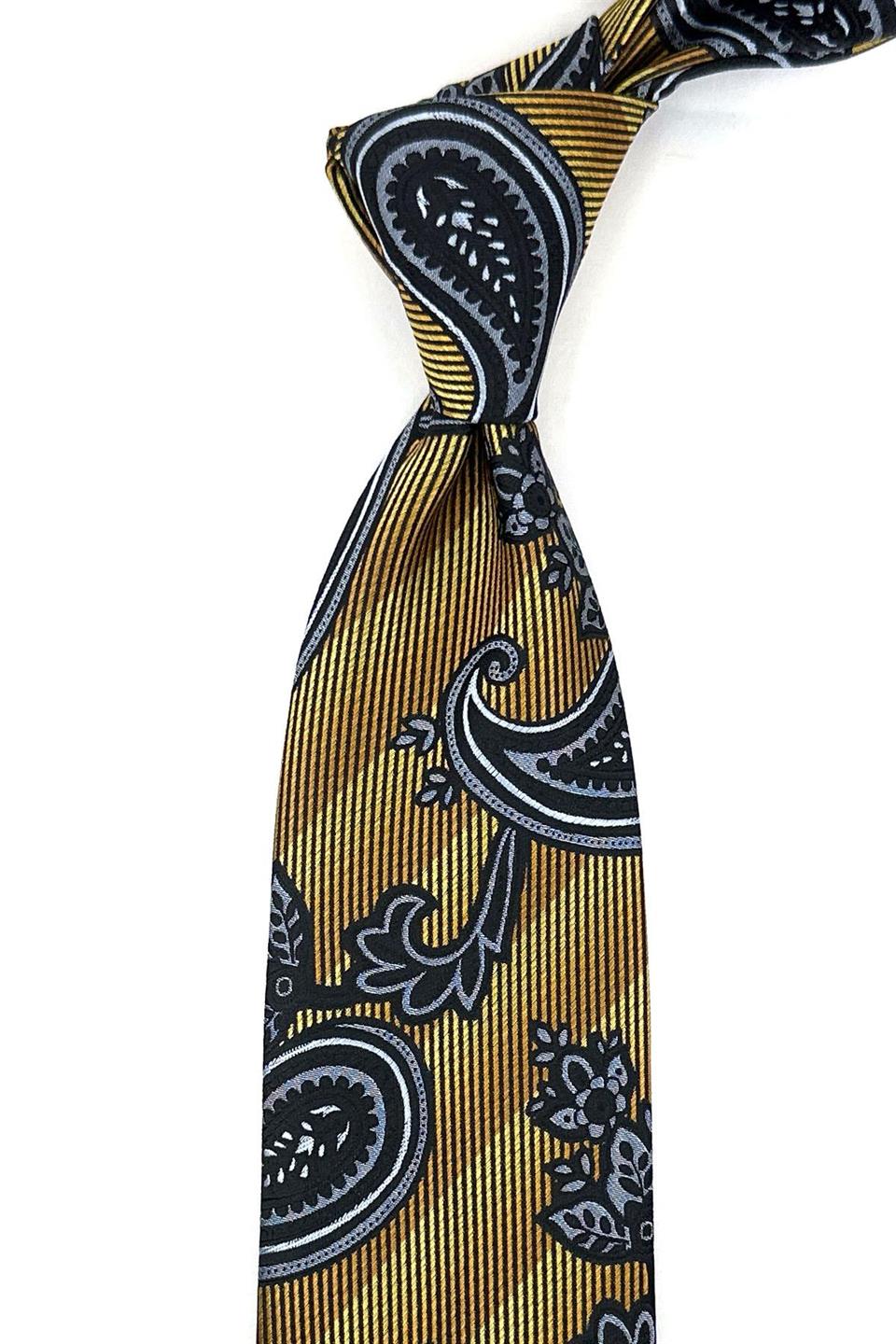 Sarı Şal Desen Mendilli Klasik Kravat KK12050