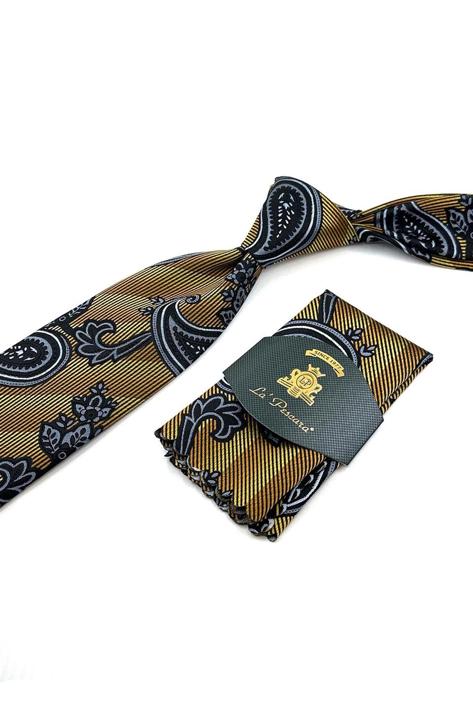 Sarı Şal Desen Mendilli Klasik Kravat KK12050