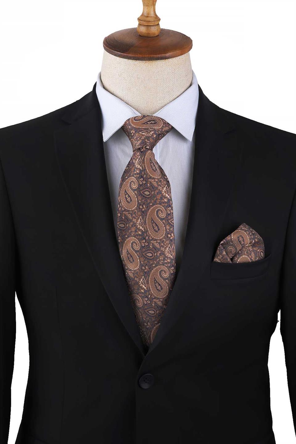 Sarı Şal Desen Mendilli Klasik Kravat KK13211