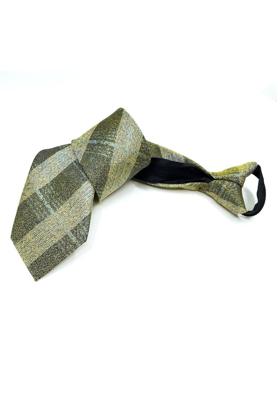 Sarı - Siyah Ekose Desen Mendilli Fermuarlı Kravat FRMR12