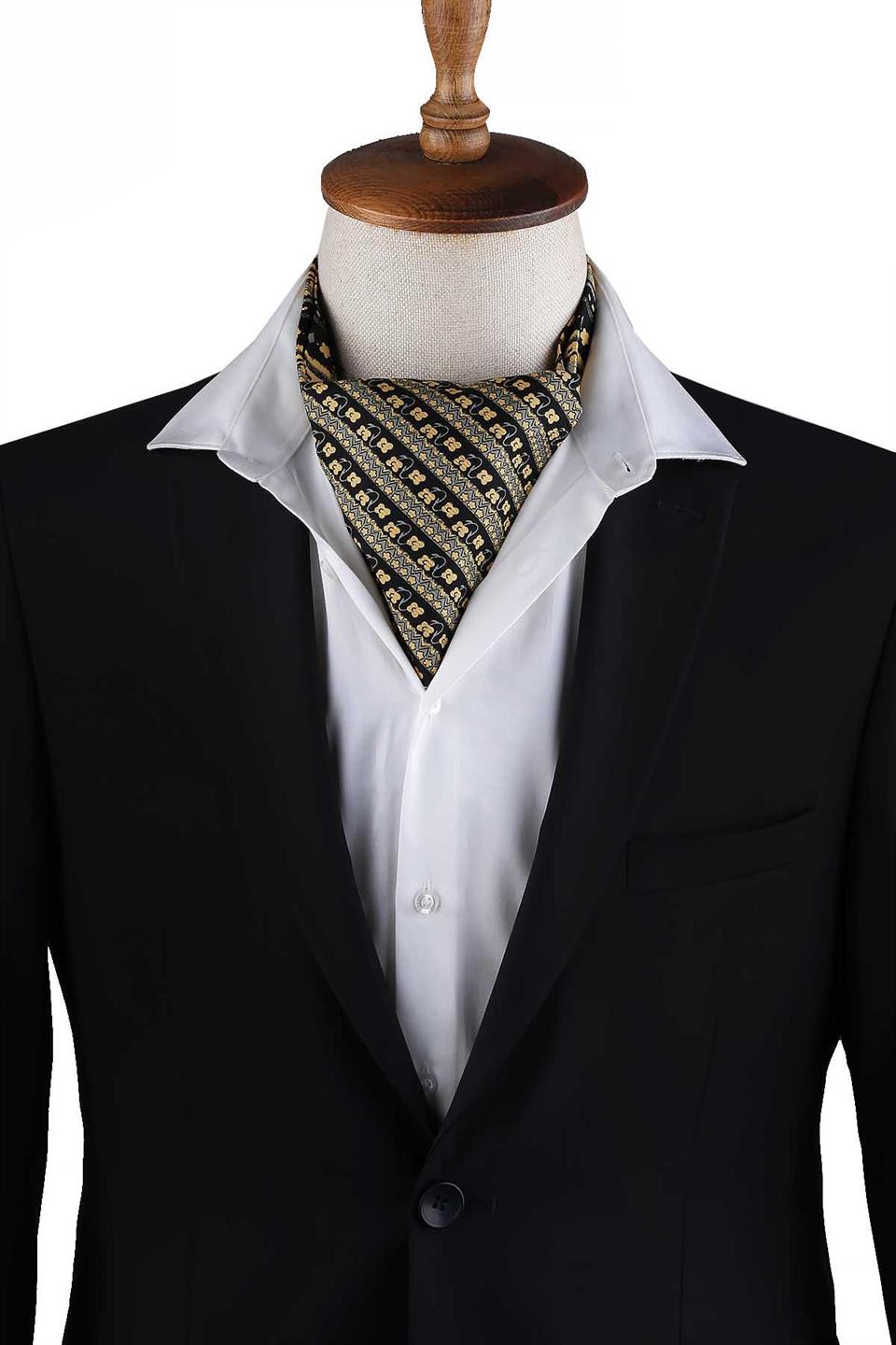 Sarı - Siyah Motif Desen Erkek Ascot Fular K645
